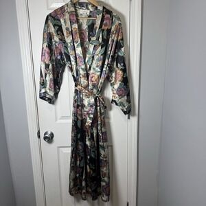 Dentelle Vintage Floral Satin‎ Robe Belted Size Large 90's Y2K Kimono Striped